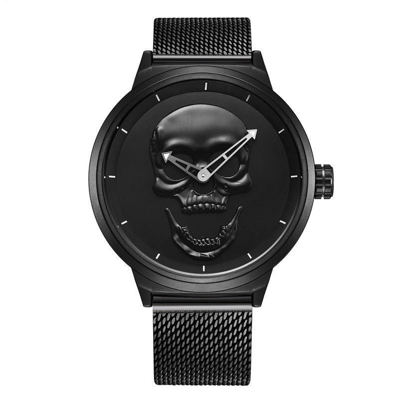 Stylish stainless steel watch with a skull design, featuring a black face and mesh band, perfect for rock enthusiasts.