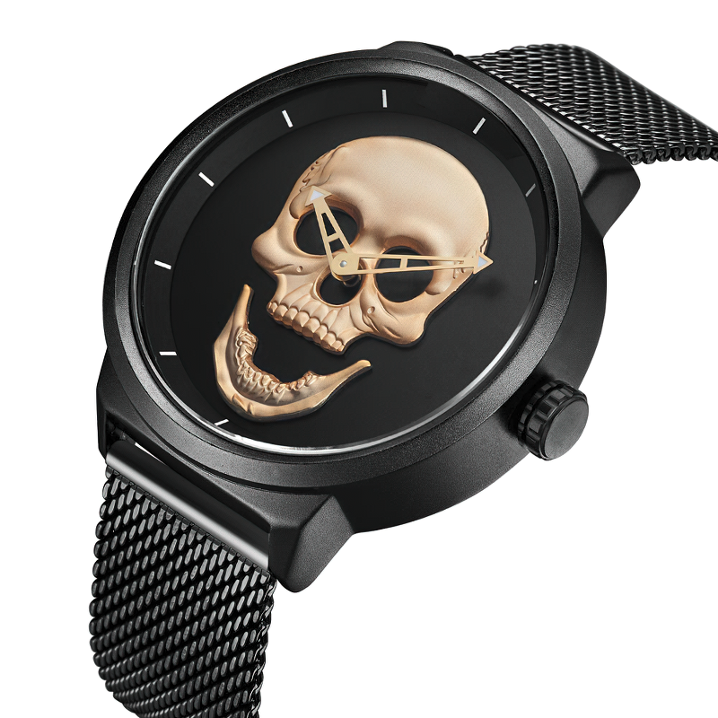 Stylish stainless steel skull watch with quartz movement, perfect for rock fashion lovers.