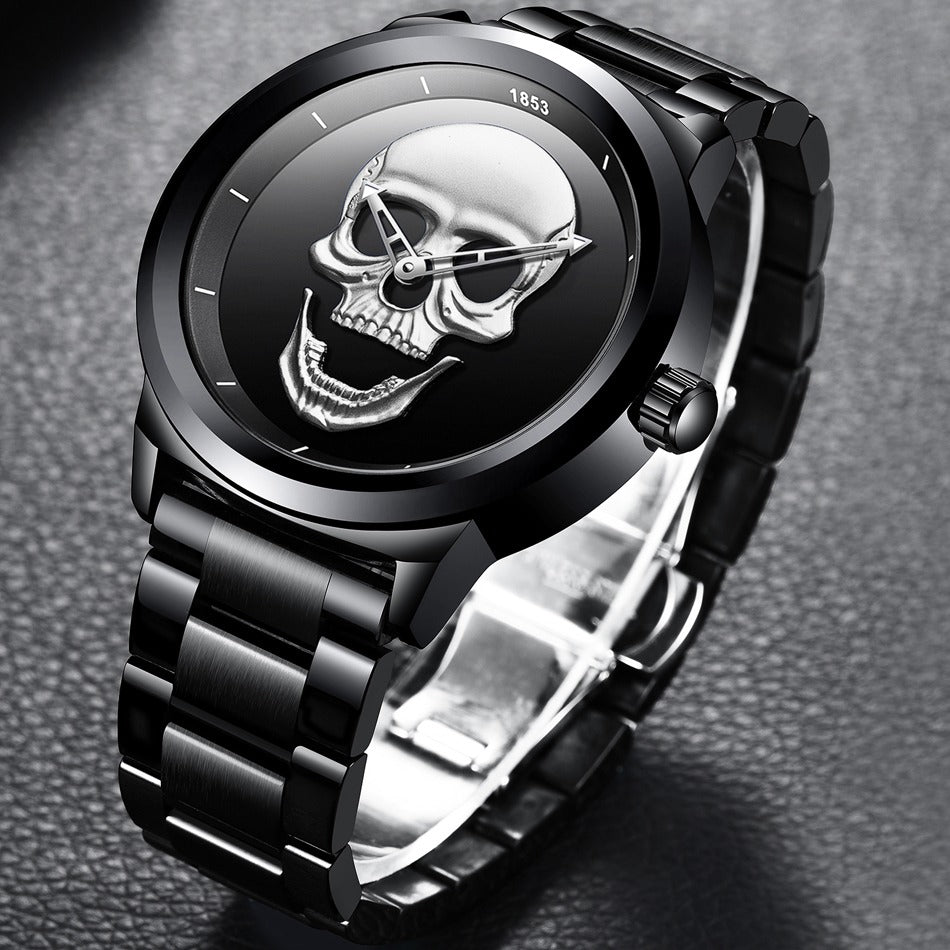 Stylish stainless steel watch featuring a striking skull design, perfect for adding a gothic touch to any outfit.