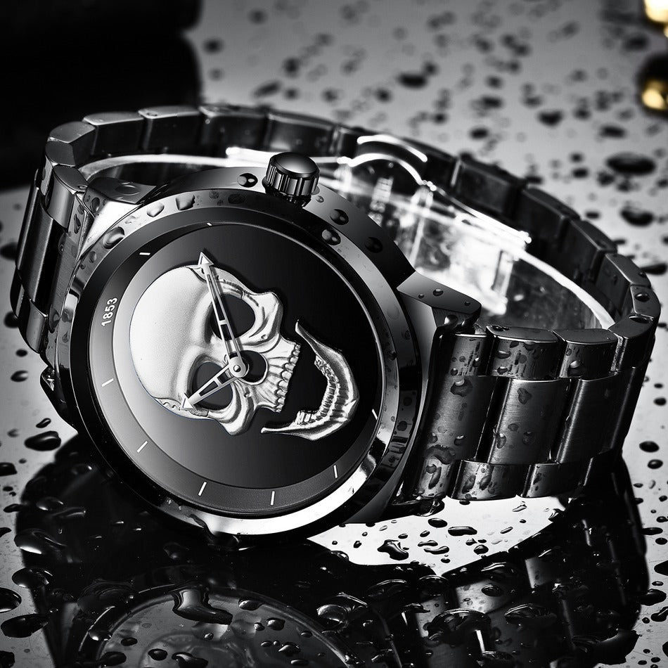 Stylish stainless steel watch with skull design, perfect accessory for a Goth or rock outfit.