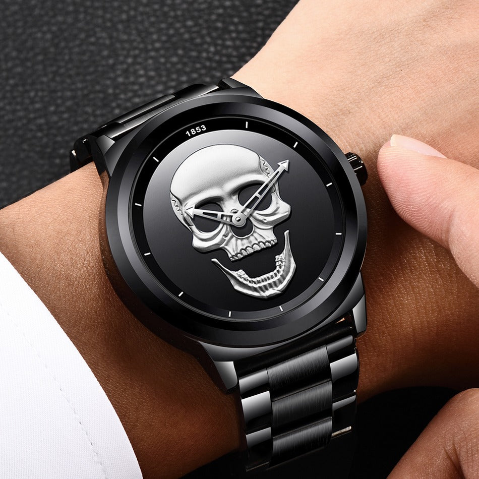 Stylish stainless steel watch featuring a bold skull design, perfect for goth and rock fashion enthusiasts.