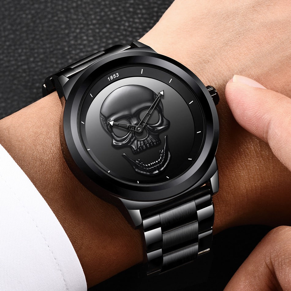 Stylish stainless steel watch with skull design on wrist, perfect for adding a unique touch to rock outfits.
