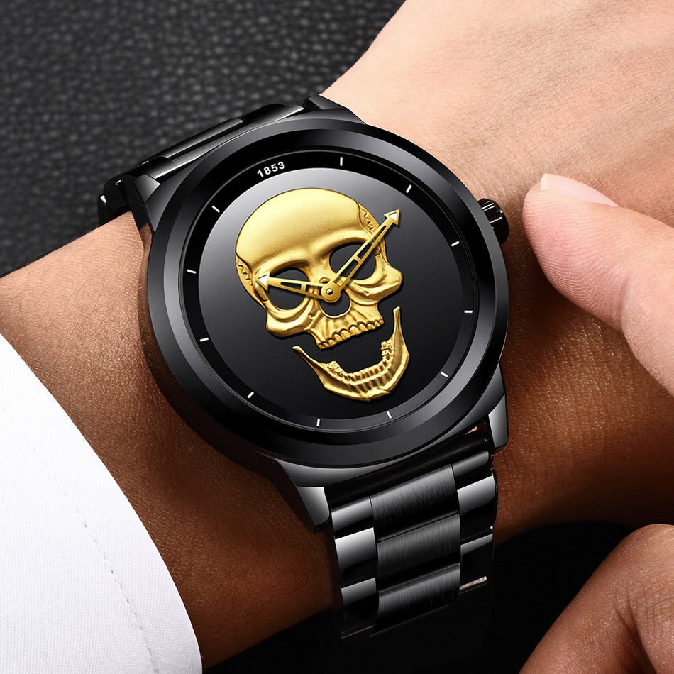 Stylish stainless steel watch with a skull design, perfect for Goth fashion and rock outfits.