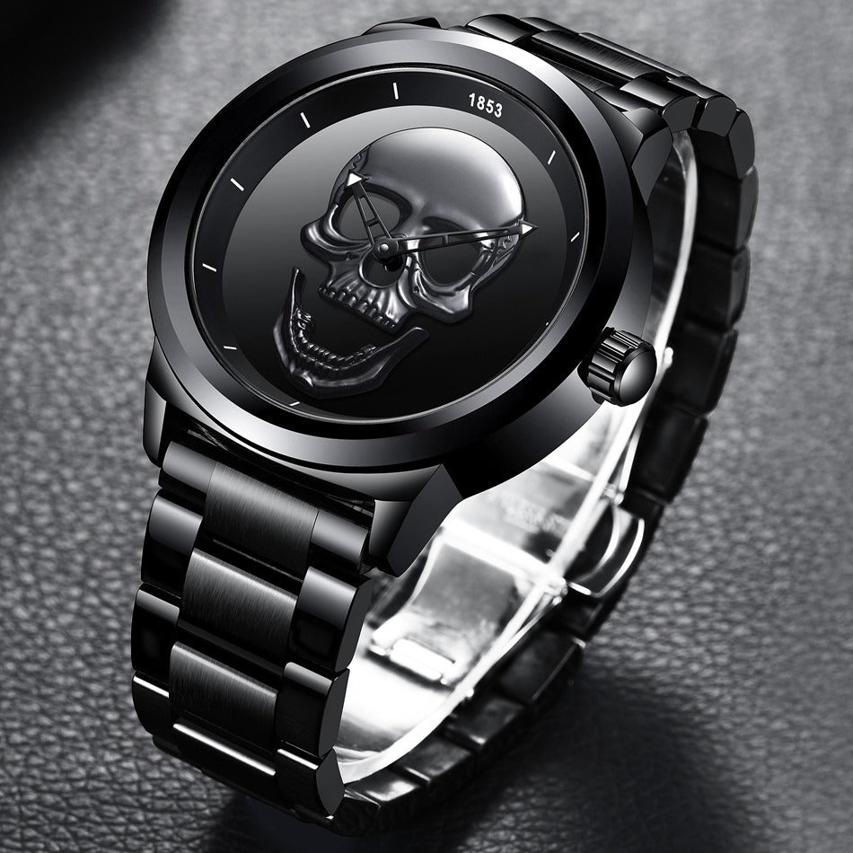 Stylish stainless steel watch featuring a unique skull design, perfect for Goth and rock-inspired outfits.