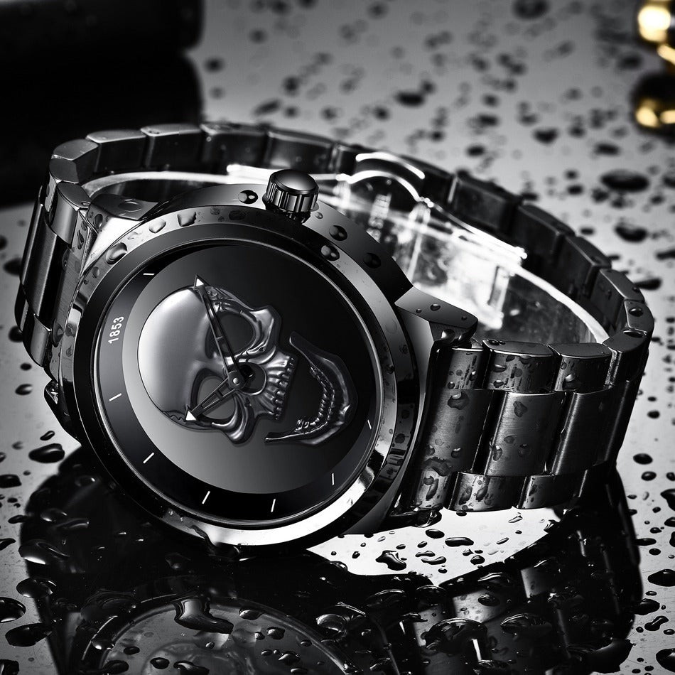 Stylish stainless steel watch with skull design, perfect for goth and rock outfits, showcasing quartz movement.