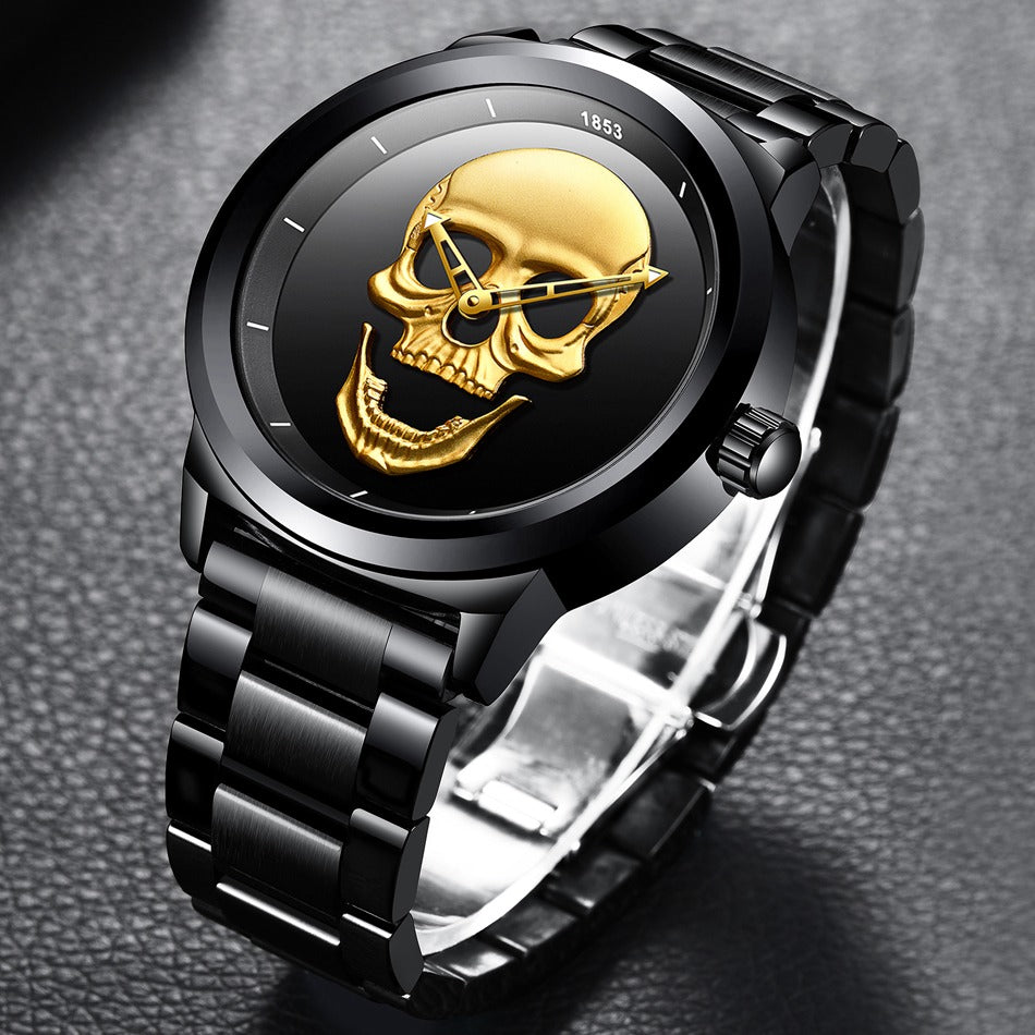 Stylish stainless steel watch with a golden skull design, perfect for a Goth or rock style outfit.