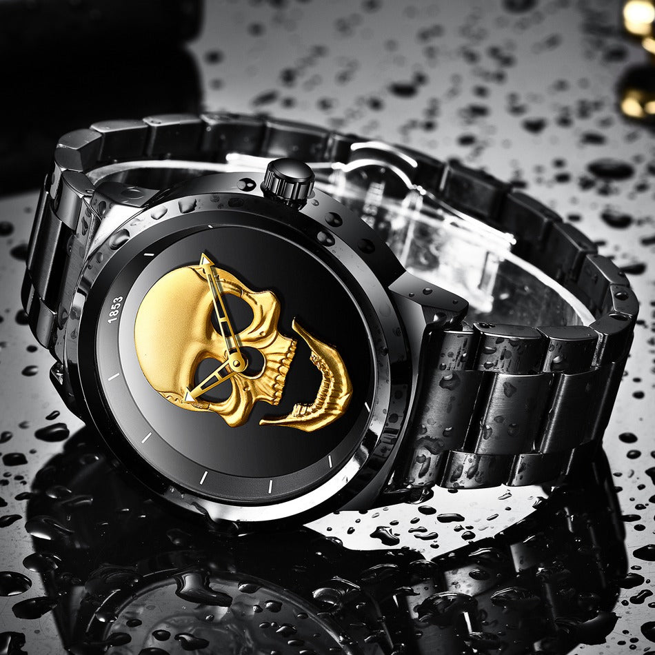 Stylish stainless steel watch featuring a gold skull design, perfect for rock outfits and Goth style lovers.