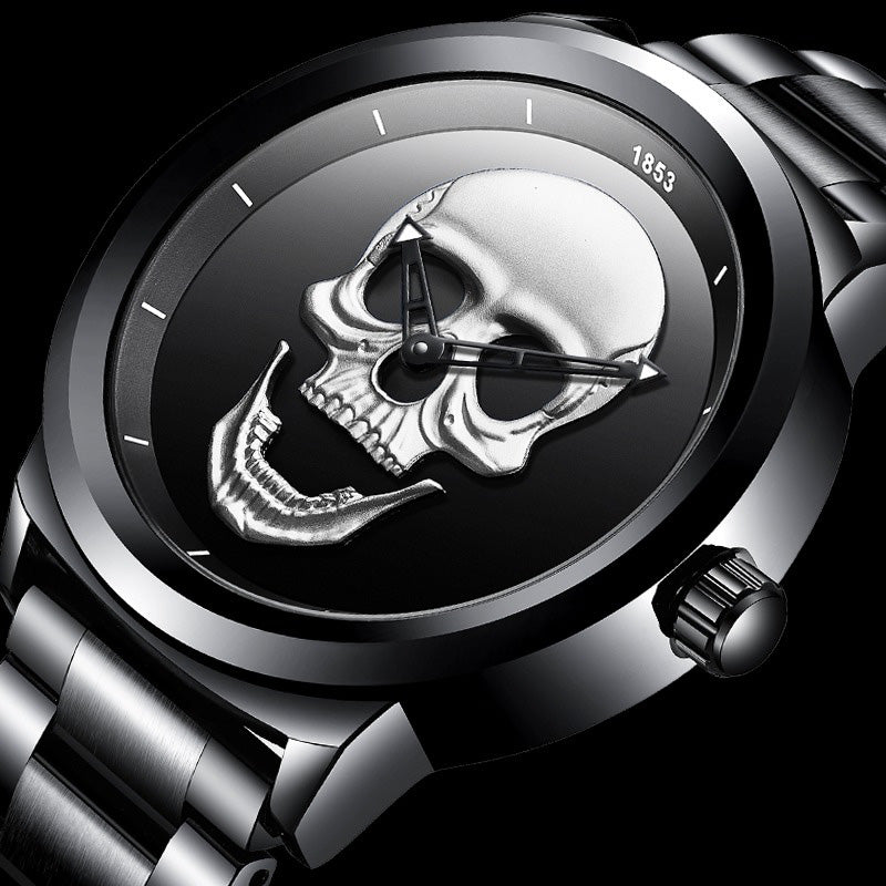 Stylish stainless steel watch featuring a skull design, perfect for goth and rock outfits.