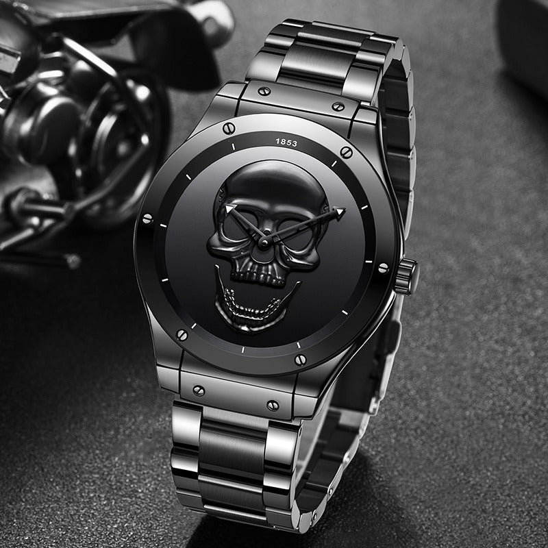 Stylish stainless steel watch with skull design, perfect for goth and rock outfits, featuring quartz movement.