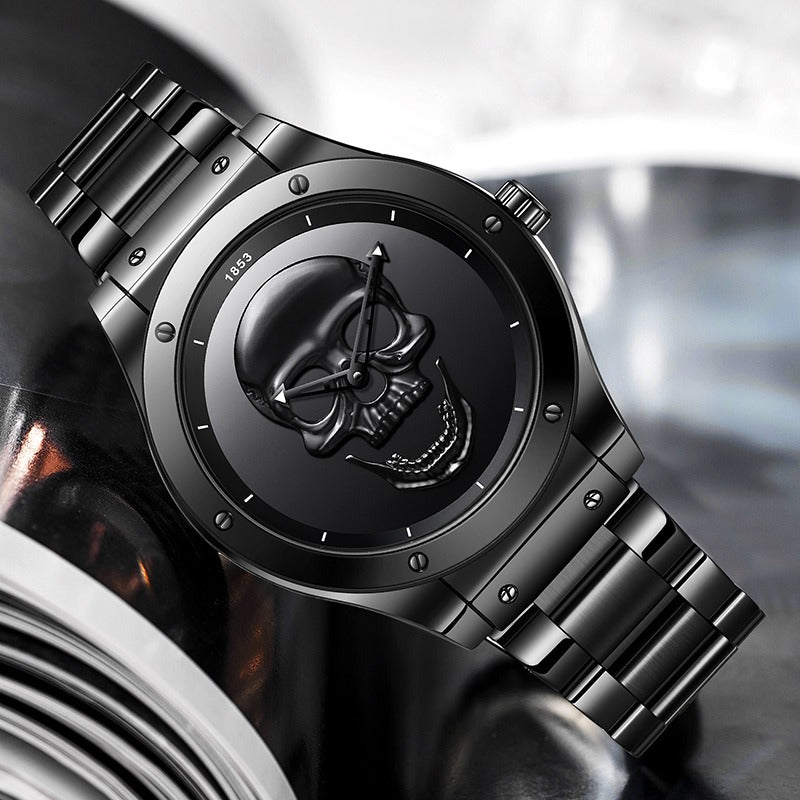 Stylish stainless steel watch with skull, perfect for Goth and rock outfits. Unique accessory design for bold fashion choices.