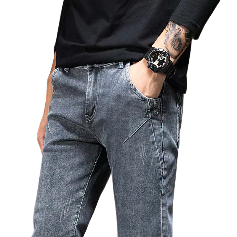 Stylish slim fit grey jeans for men, showcasing a casual look with a touch of streetwear style.