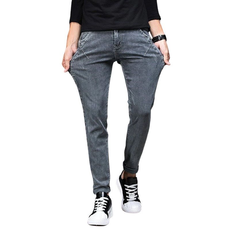 Stylish slim fit grey jeans for men, perfect for casual streetwear with a modern look.