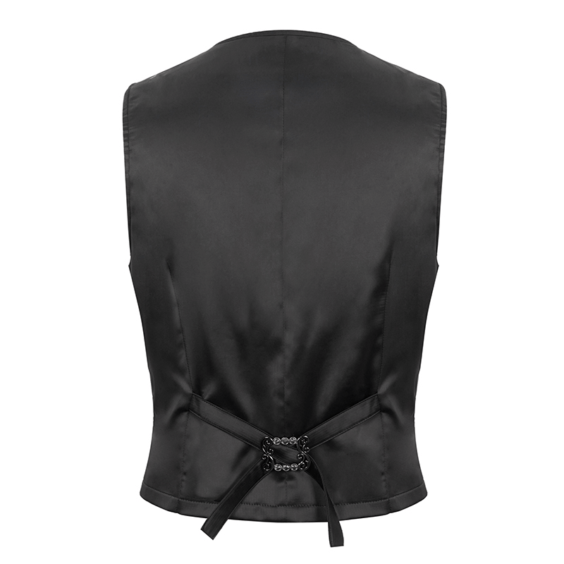 Back view of a stylish men's waistcoat featuring a unique belt detail and sleek satin finish.