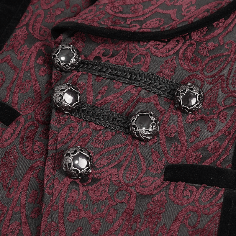 Close-up of stylish waistcoat with patterned metal buttons and intricate burgundy fabric design.