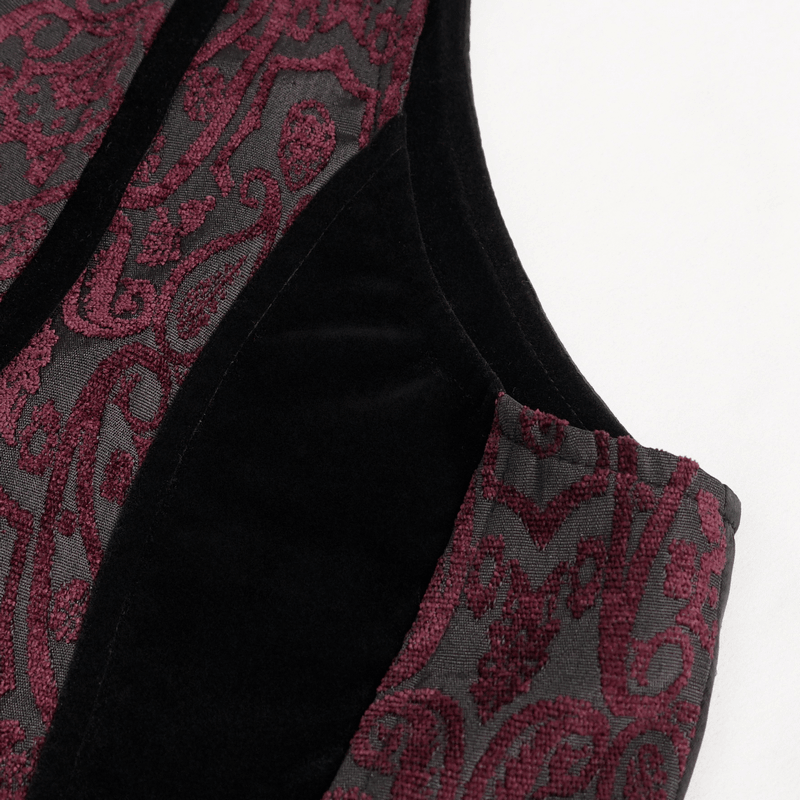 Close-up of stylish waistcoat featuring intricate patterned fabric and elegant black detailing.