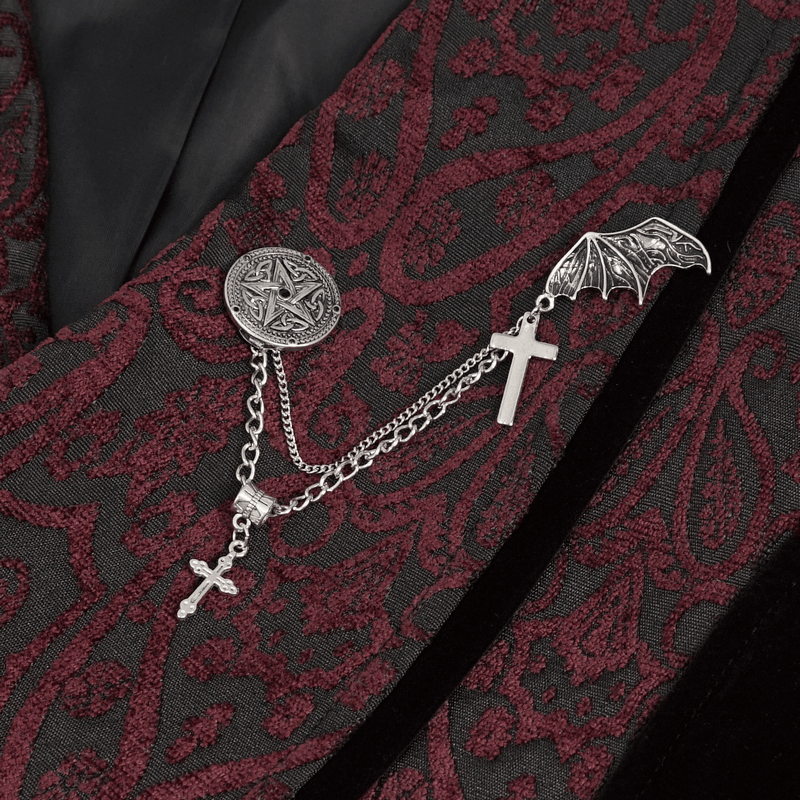 Elegant waistcoat with unique silver accessories, including chains, crosses, and a bat detail, perfect for stylish outfits.