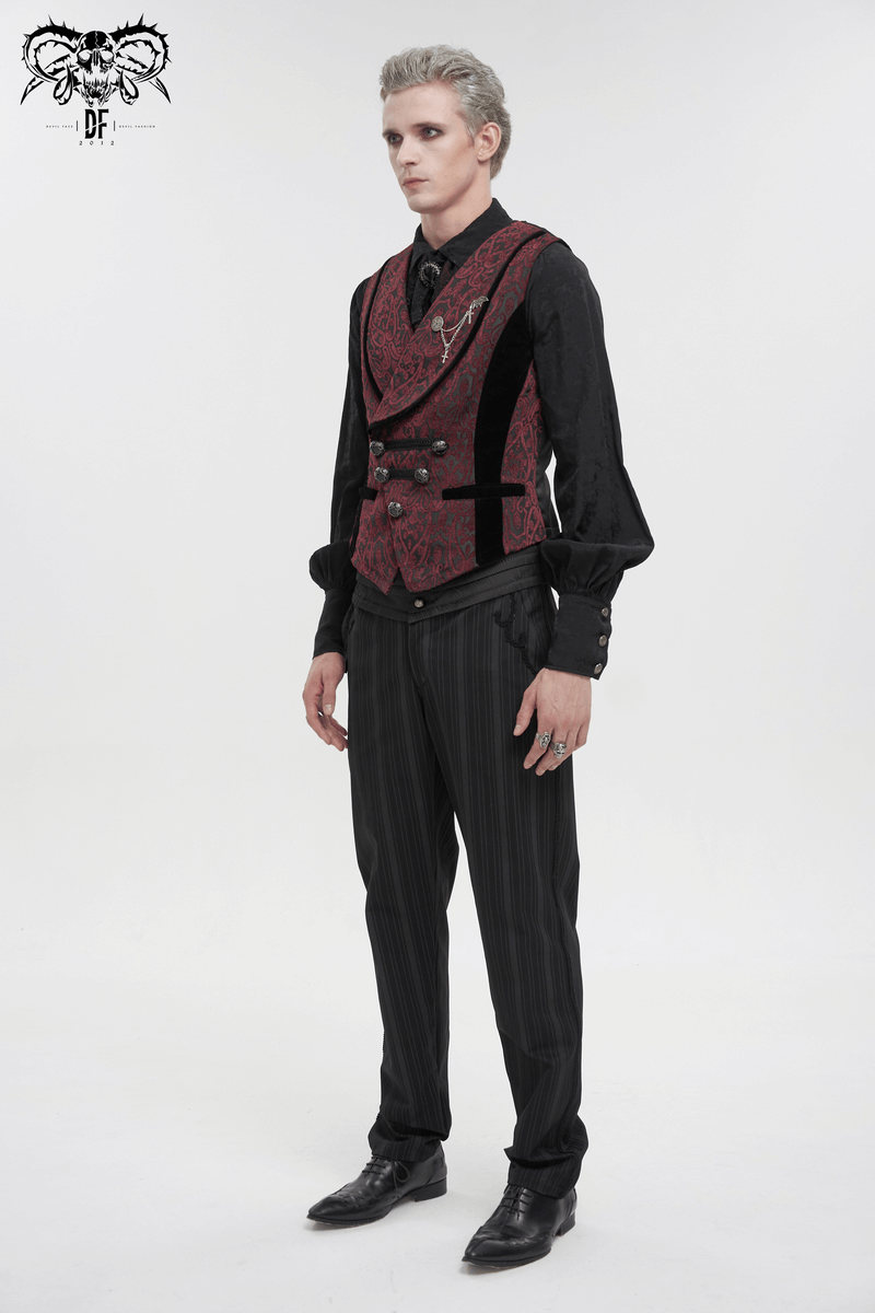 Stylish men's waistcoat with patterned metal buttons and belt, paired with elegant black shirt and striped pants.