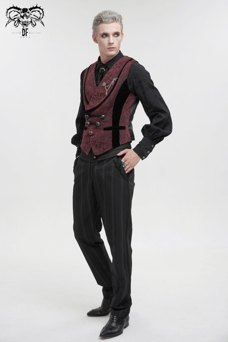 Stylish men's waistcoat with patterned metal buttons and unique belt on back, perfect for elegant occasions.