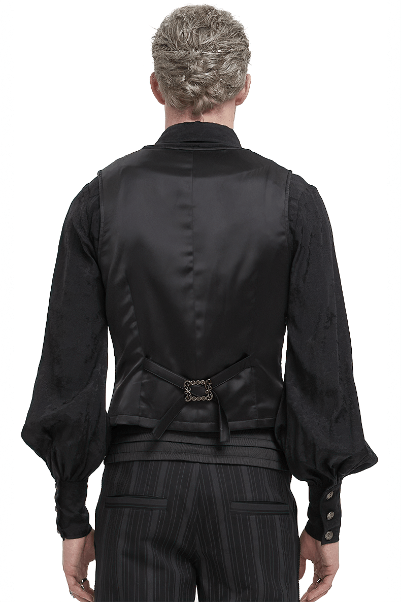 Men's elegant waistcoat back view with stylish belt and patterned metal buttons for a trendy look.