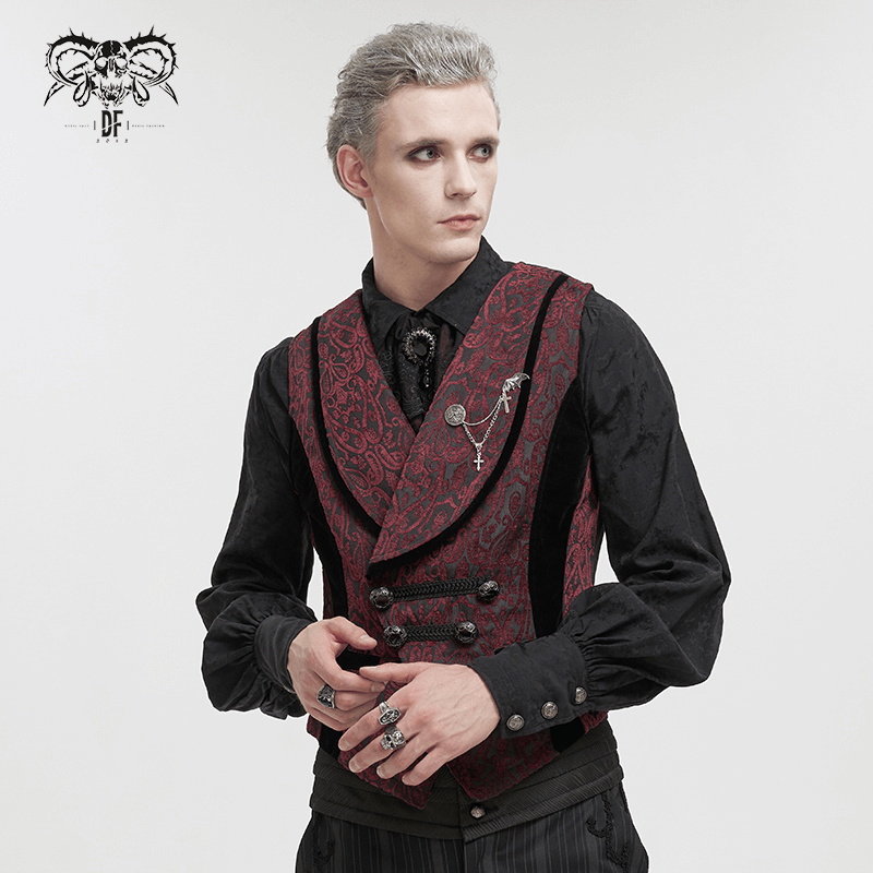 Elegant men's waistcoat with patterned buttons, stylishly layered over a black shirt for a sophisticated look.