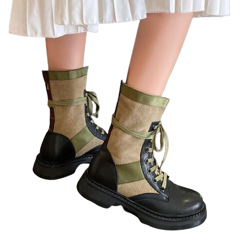 Stylish women's mid-calf boots in black and olive green, featuring a unique design and flexible soles for comfort.