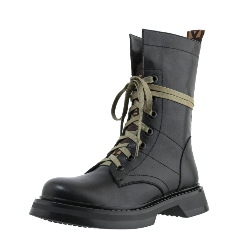 Stylish warm women's mid-calf boots in black leather with flexible soles and unique lacing design.