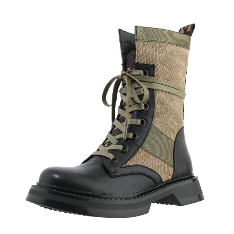 Stylish women's mid-calf boots in black leather and khaki canvas, perfect for casual fashion and comfort.