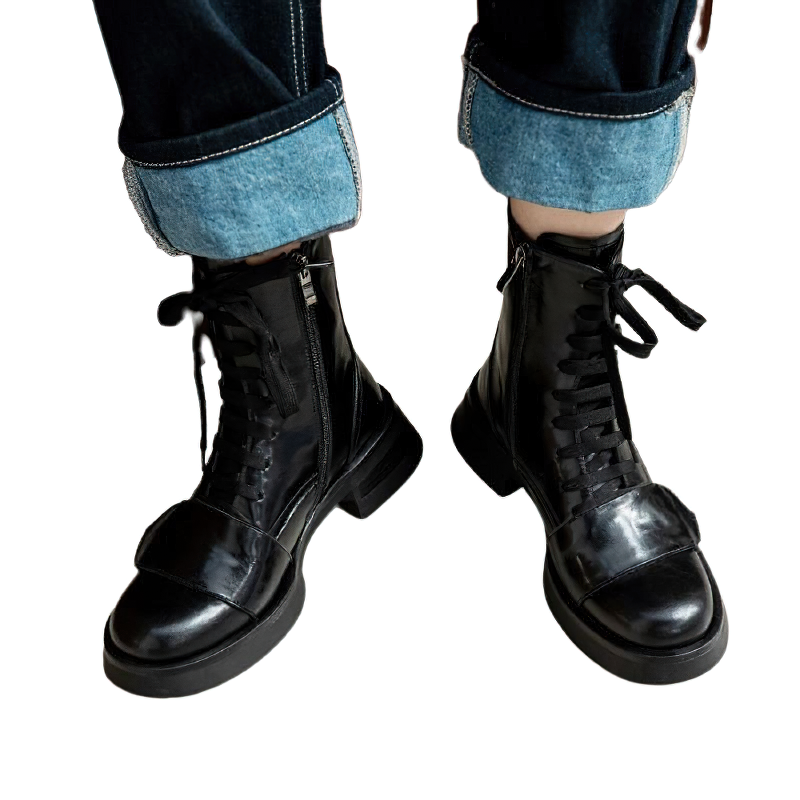 Stylish women's mid-calf boots in black leather with zipper and lace-up design, perfect for casual fashion.