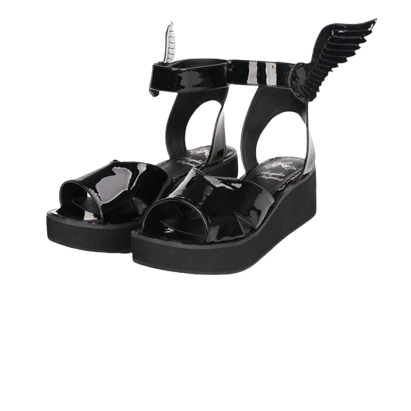 Stylish black winged sandals for women, perfect for casual gothic fashion with comfortable low platform.
