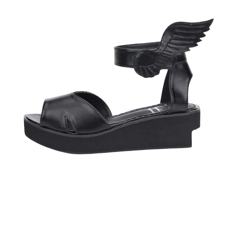 Stylish women's black winged sandals with low platform, perfect for casual gothic or alternative fashion.