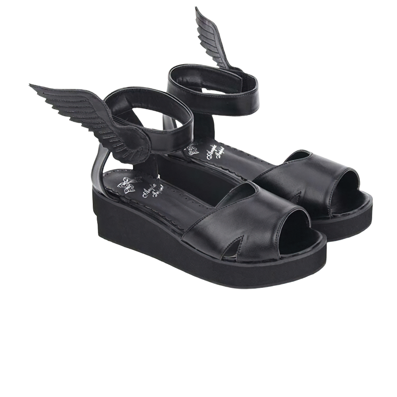 Stylish black winged sandals for women, featuring gothic design and low platform for comfort.