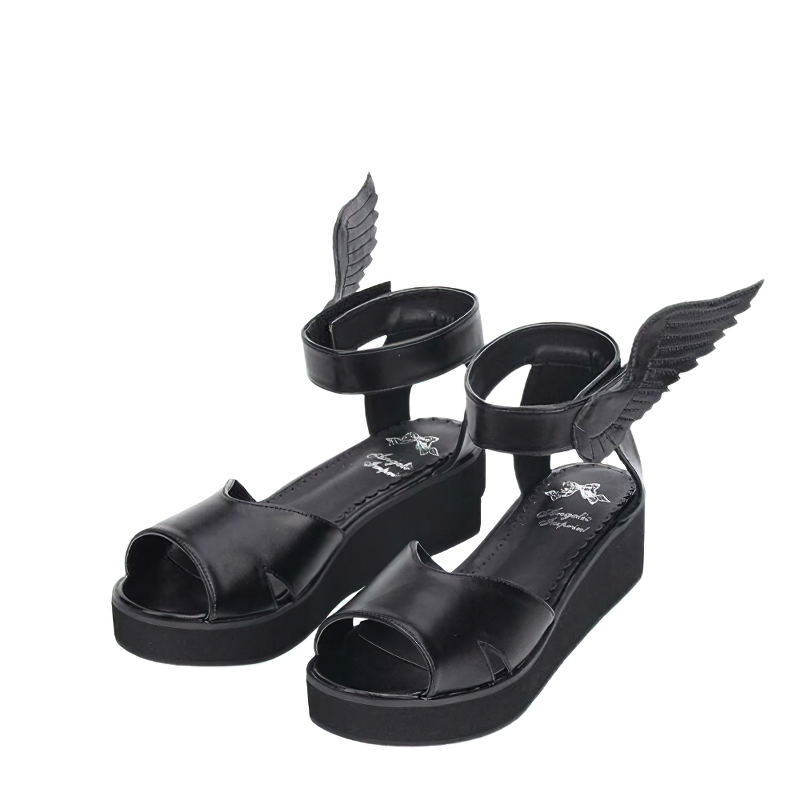 Stylish women's black winged sandals, perfect for gothic casual fashion, featuring a low platform and PU leather design.
