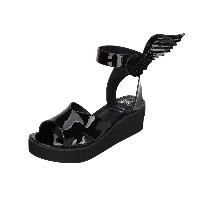Stylish black winged sandals for women, featuring a comfortable low platform and gothic design in PU leather.
