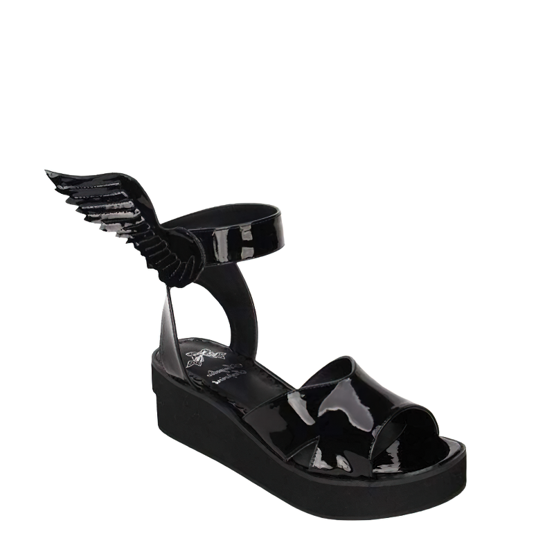 Stylish black winged sandals for women, perfect for gothic casual and alternative fashion looks.