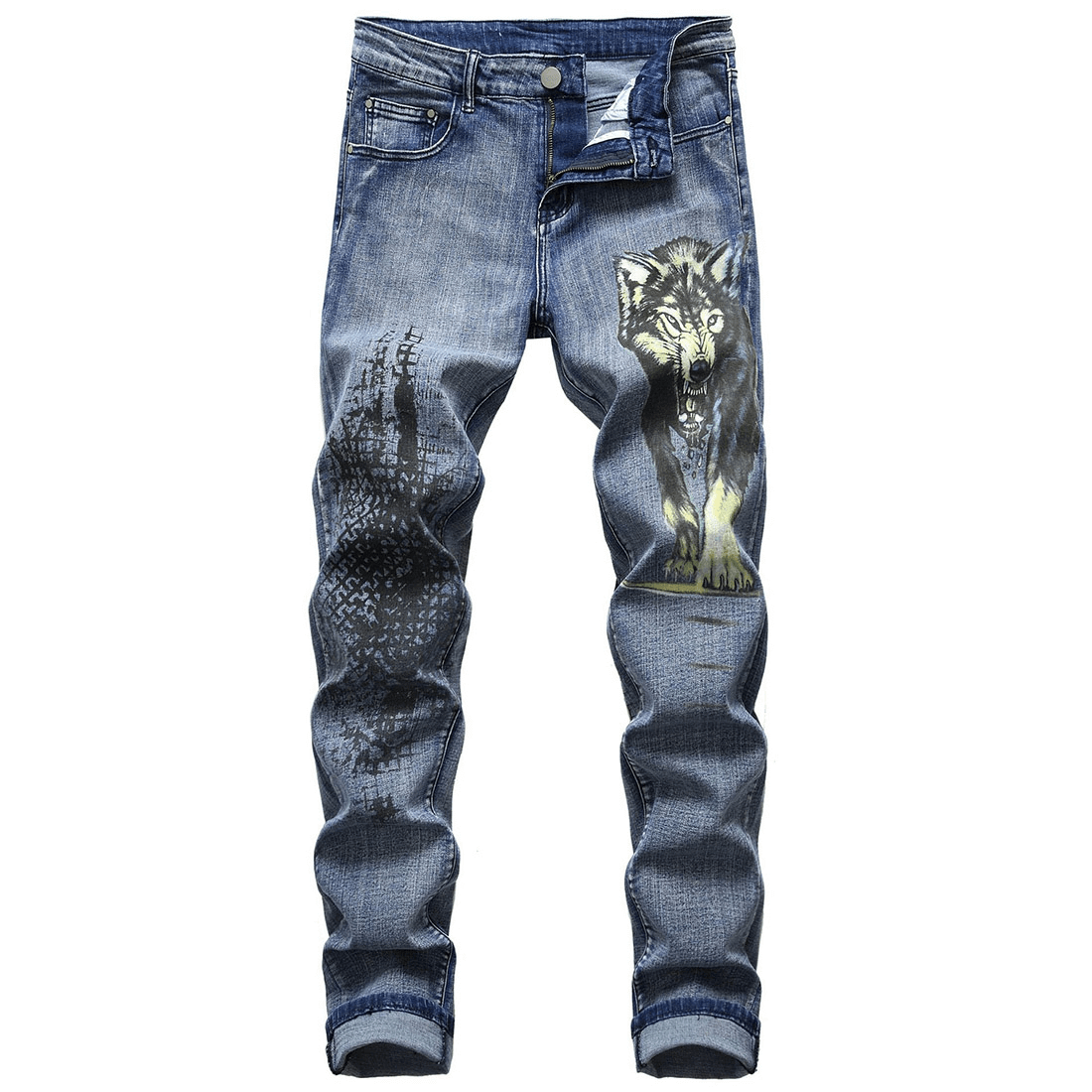 Stylish Wolf Print Straight Jeans / Casual Zipper Blue Denim Pants for Men / Fashion Male Clothing