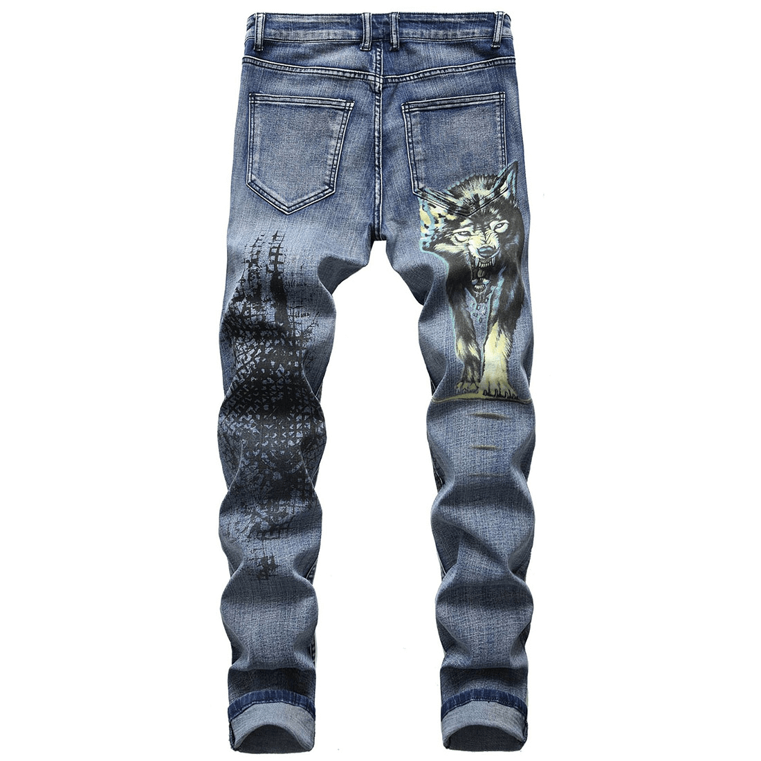 Stylish Wolf Print Straight Jeans / Casual Zipper Blue Denim Pants for Men / Fashion Male Clothing