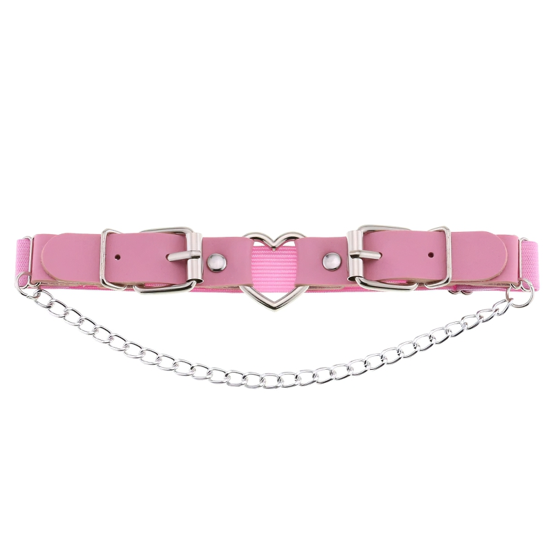 Stylish pink PU leather women's garter with heart detail and silver chain, perfect for gothic accessories.
