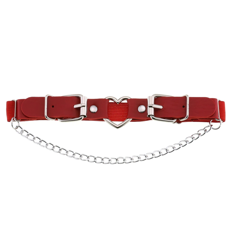 Gothic red PU leather garter belt with heart metal insert and silver chain for a stylish accessory.