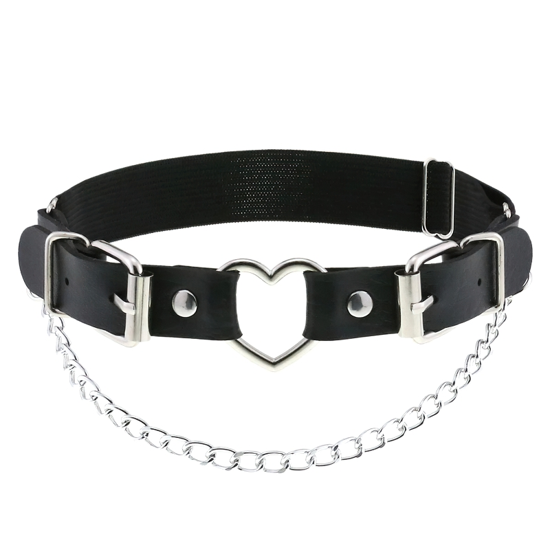Stylish women's black PU leather garter belt with heart and silver chain, perfect gothic accessory for a bold look.
