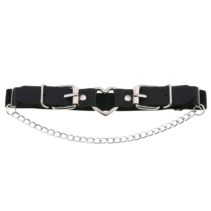 Stylish black women's garter with heart shaped metal insert and silver chain, perfect gothic accessory.