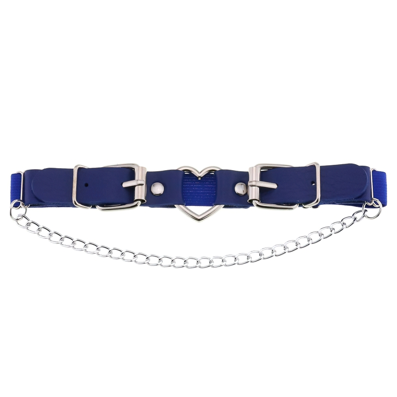 Stylish blue women's garter with heart shaped metal insert and silver chain, perfect gothic accessory.