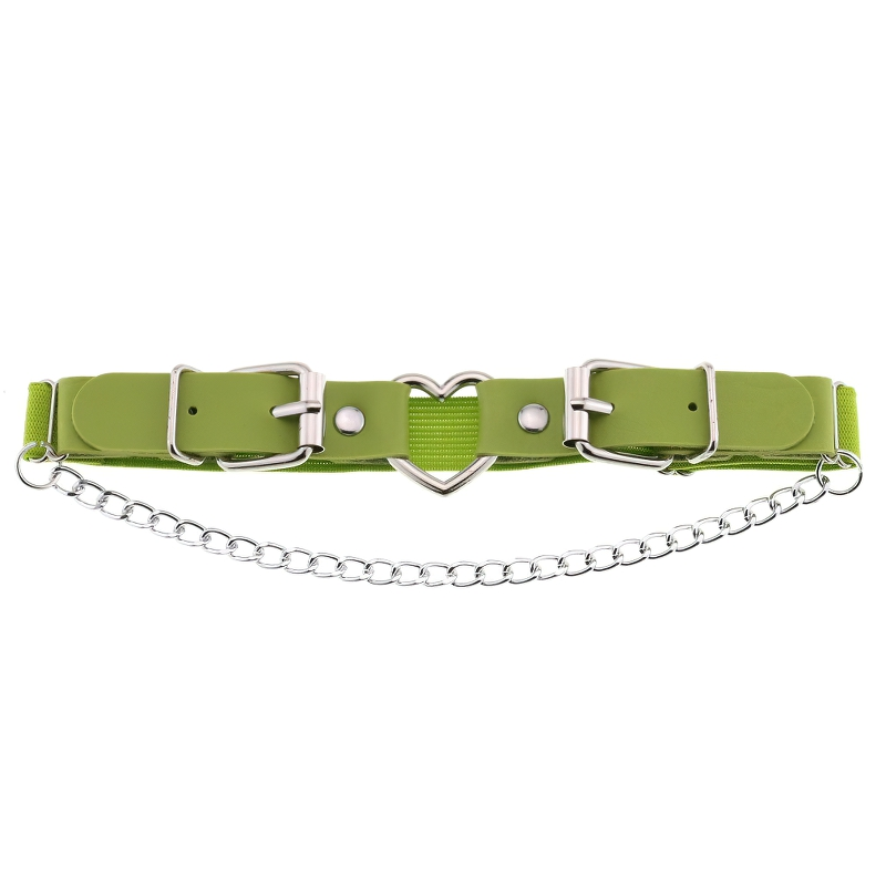 Green PU leather women’s garter belt with heart and silver chain, stylish gothic accessory for bold fashion.