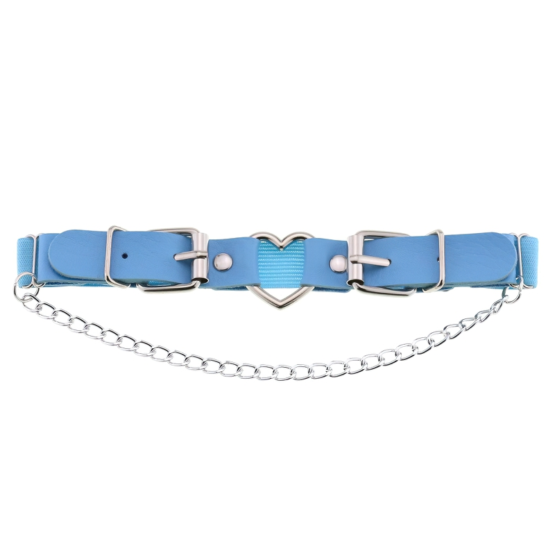 Stylish blue women's garter belt with heart-shaped metal insert and silver chain, perfect gothic accessory.