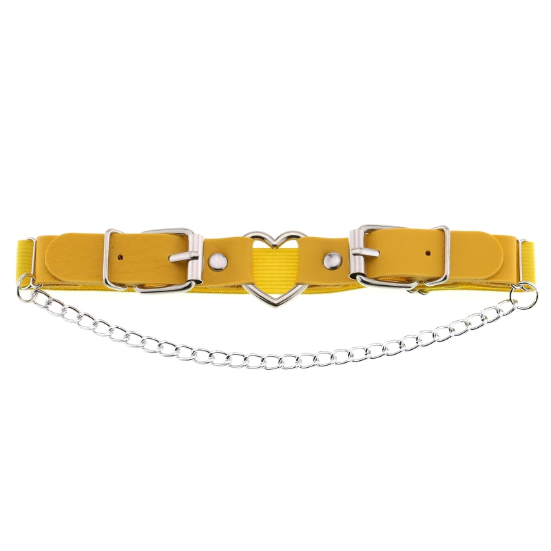 Stylish yellow women's garter belt with heart design and silver chain, perfect gothic accessory for a chic look.