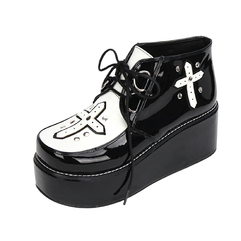 Stylish black and white platform lace-up women's gothic shoes with rivet cross details and PU patent leather finish.