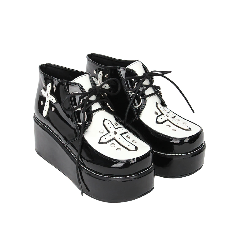 Stylish Women Shoes Of Rivet Cross And Lace-Up / Casual Gothic Footwear - HARD'N'HEAVY