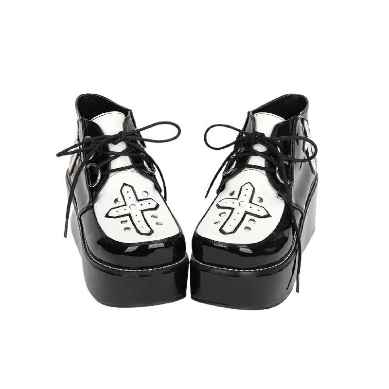 Stylish black and white PU leather platform shoes with cross design and lace-up detail, perfect for gothic casual wear.