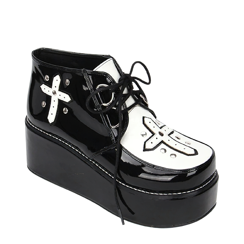 Stylish women's gothic shoes with cross design and lace-up, featuring high platform for trendy comfort.