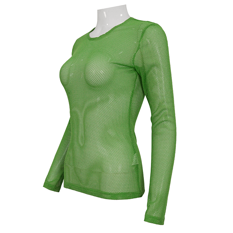 Stylish women's long-sleeved sheer green mesh top in alternative fashion, perfect for a trendy look.