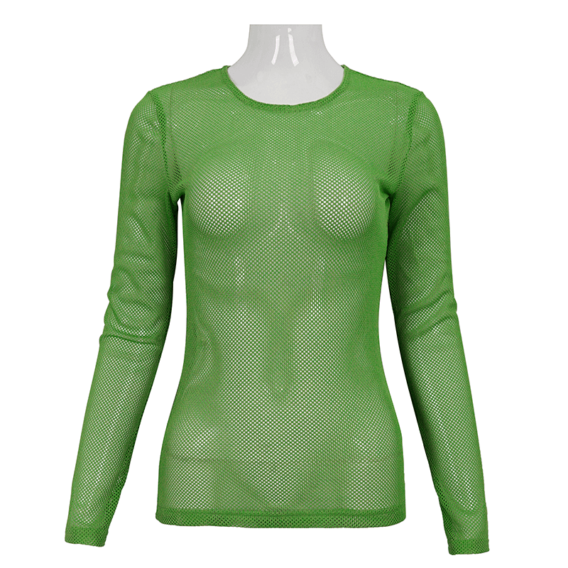 Stylish women's green long-sleeved sheer mesh top for an alternative style look, perfect for trendy outfits.